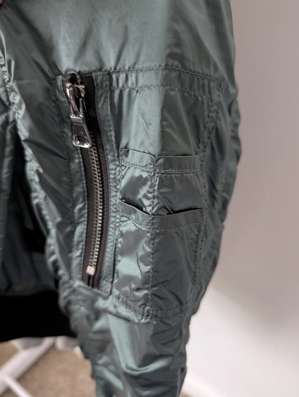 Men's Quilted Bomber Jacket in Deep Green with Grey Hoodie Layer